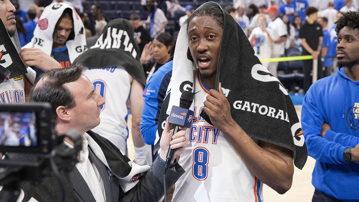 Thunder forward Jalen Williams (8) talks to tv reporters after his team defeated the Denver Nuggets during the game five of the second round for the 2025 NBA Playoffs at Paycom Center