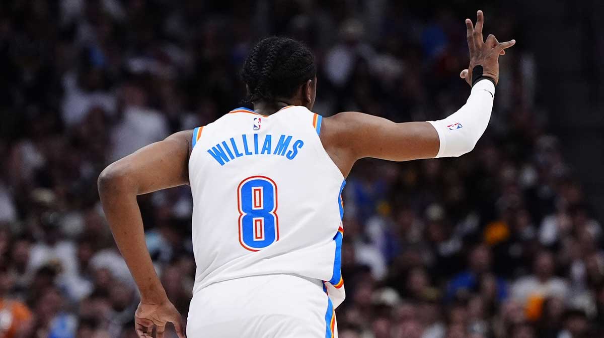 Thunder forward Jalen Williams (8) reacts to this three point score in the first quarter against the Denver Nuggets during game three of the second round for the 2025 NBA Playoffs at Ball Arena