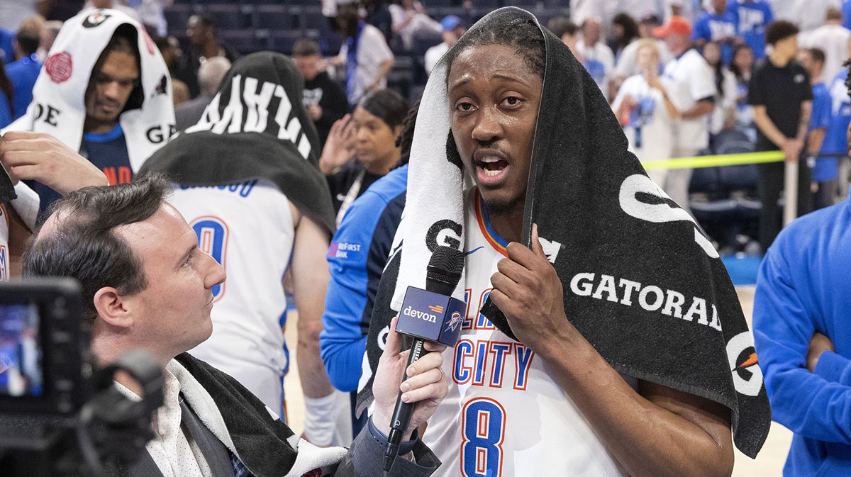 Thunder forward Jalen Williams (8) talks to tv reporters after his team defeated the Denver Nuggets during the game five of the second round for the 2025 NBA Playoffs at Paycom Center