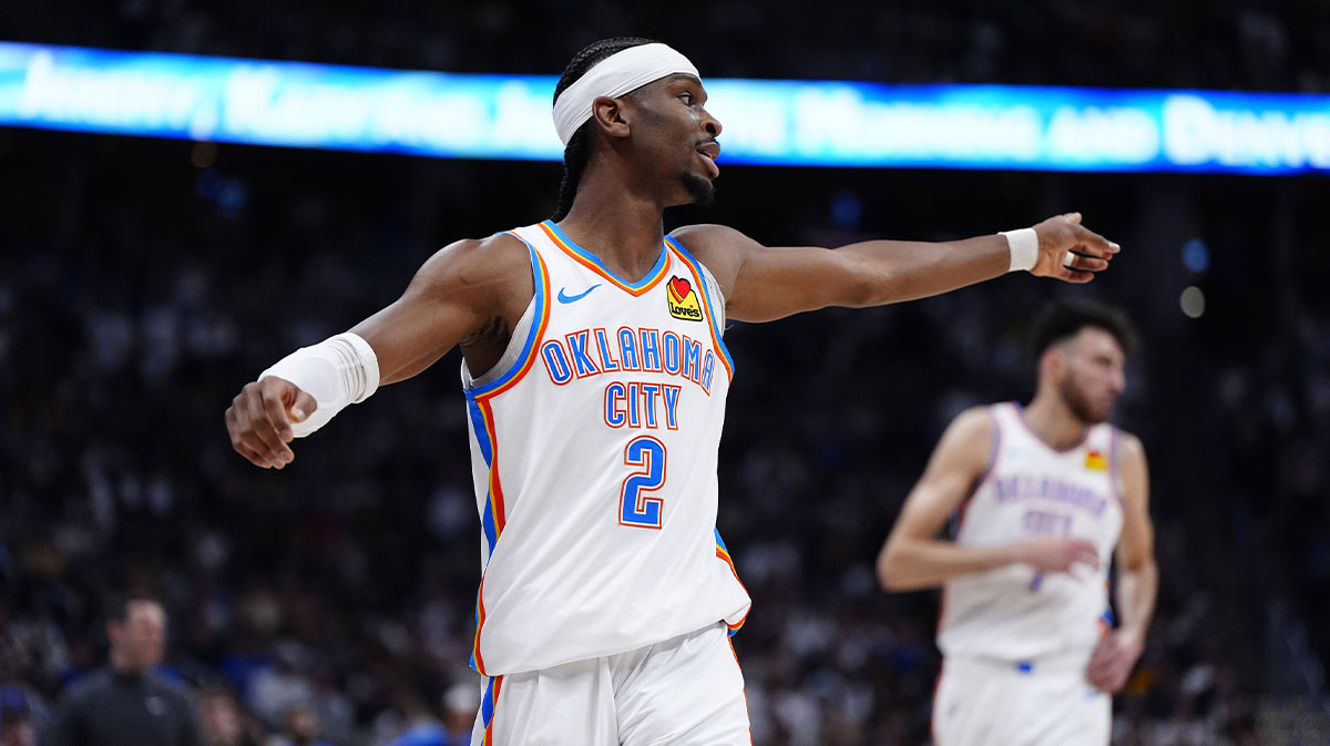 Thunder guard Shai Gilgeous-Alexander (2) calls out in the first quarter against the Denver Nuggets during game three of the second round for the 2025 NBA Playoffs at Ball Arena