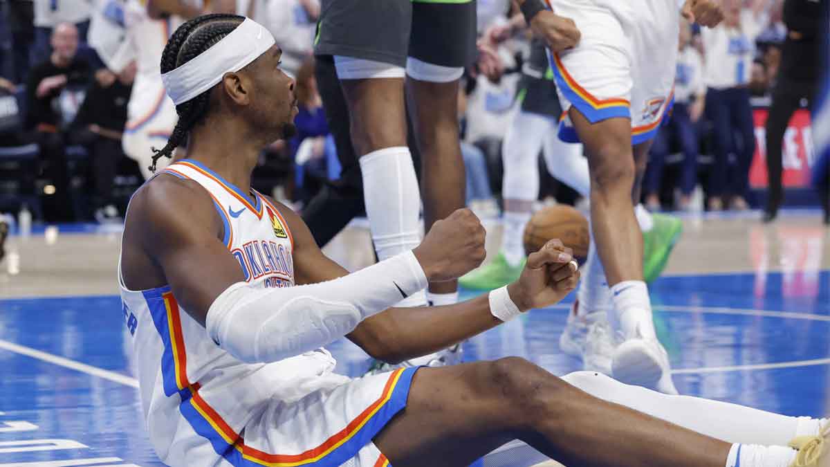 Thunder guard Shai Gilgeous-Alexander (2) reacts after a play against the Minnesota Timberwolves in the fourth quarter during game one of the western conference finals for the 2025 NBA Playoffs at Paycom Center