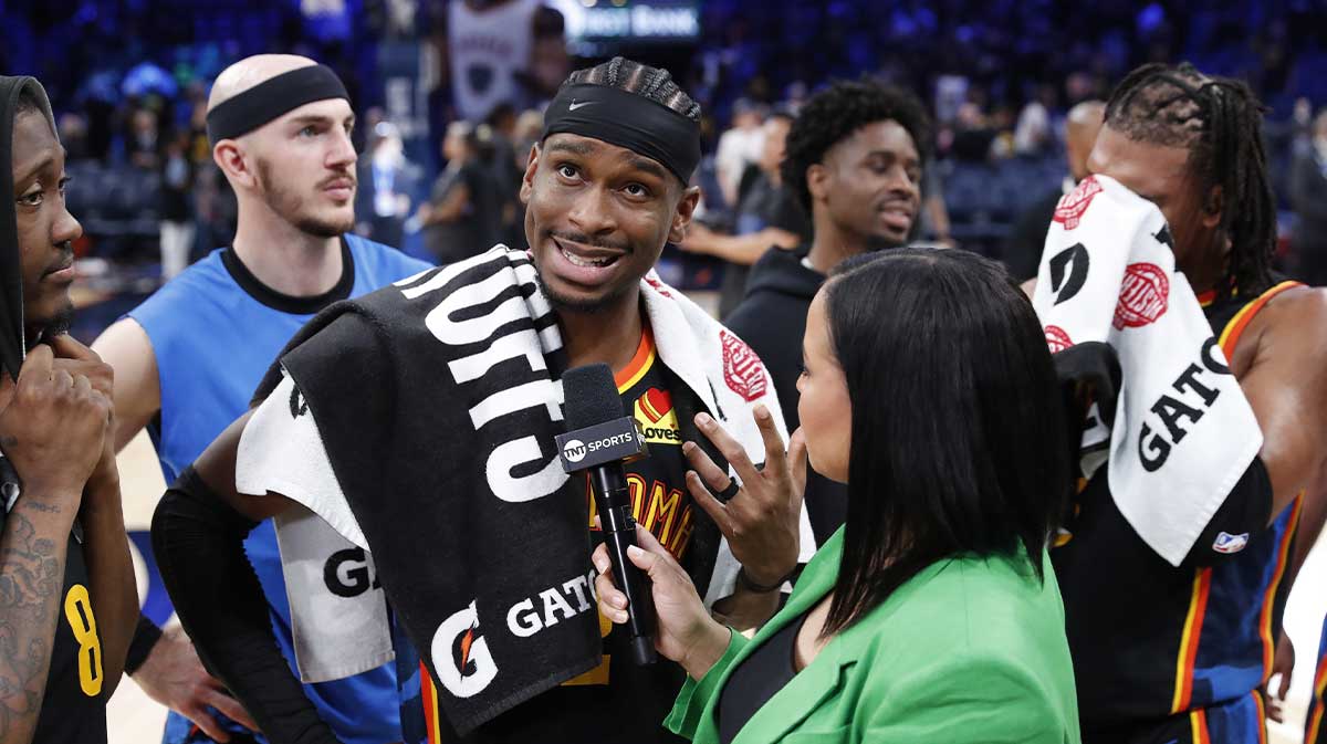 Thunder guard Shai Gilgeous-Alexander (2) talks to reports after his teams win against the Denver Nuggets in game two of the second round for the 2025 NBA Playoffs at Paycom Center