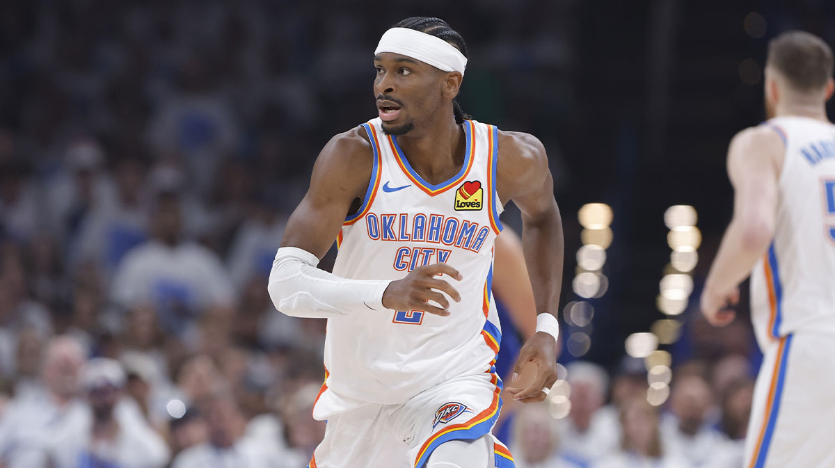 Thunder guard Shai Gilgeous-Alexander (2) runs down the court for a play against the Denver Nuggets during the first quarter of game five of the second round for the 2025 NBA Playoffs at Paycom Center