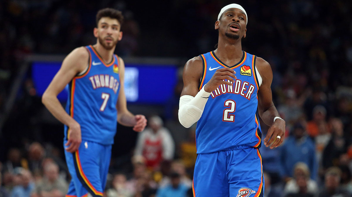 Thunder guard Shai Gilgeous-Alexander (2) and forward Chet Holmgren (7) look on during the second quarter against the Memphis Grizzlies during game three for the first round of the 2024 NBA Playoffs at FedExForum
