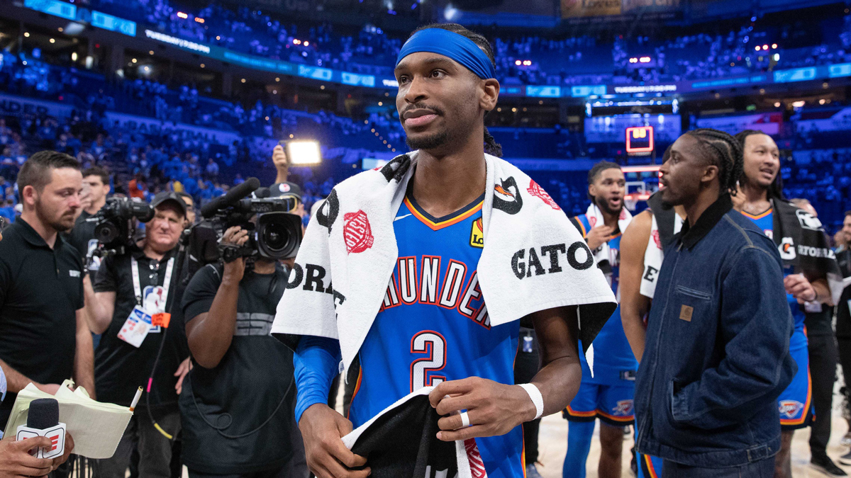 Thunder guard Shai Gilgeous-Alexander (2) walks off the court after his team defeated the Denver Nuggets in game seven of the second round for the 2025 NBA Playoffs at Paycom Center with Oklahoma City major David Holt in the background