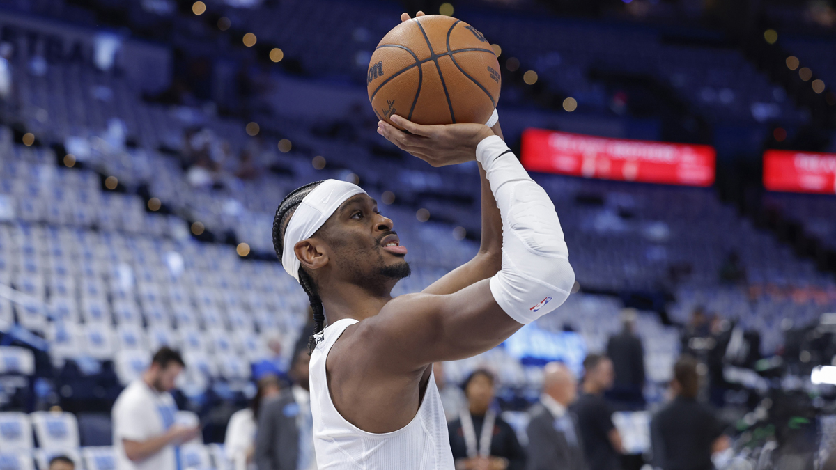 Thunder guard Shai Gilgeous-Alexander warms up before game one of the western conference finals against the Minnesota Timberwolves in the 2025 NBA Playoffs at Paycom Center