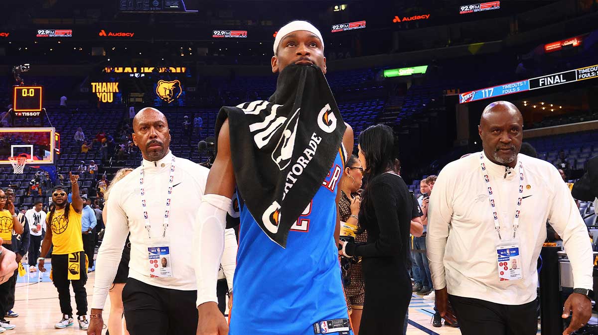 Thunder guard Shai Gilgeous-Alexander (2) walks of the court after defeating the Memphis Grizzlies in game four for the first round of the 2024 NBA Playoffs at FedExForum