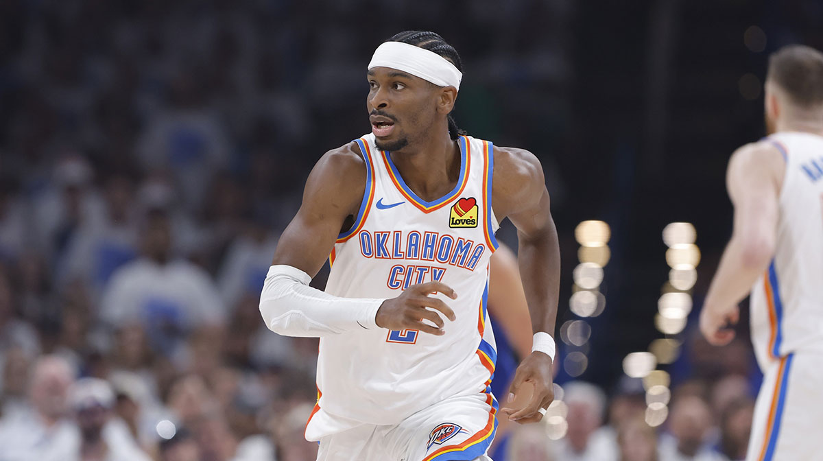 Thunder guard Shai Gilgeous-Alexander (2) runs down the court for a play against the Denver Nuggets during the first quarter of game five of the second round for the 2025 NBA Playoffs at Paycom Center