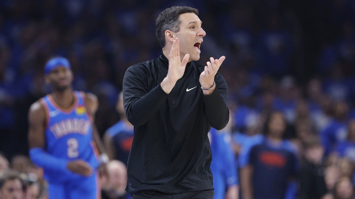 Oklahoma City Thunder head coach Mark Daigneault yells to his team during play against the Denver Nuggets in the second quarter during game seven of the second round for the 2025 NBA Playoffs at Paycom Center.