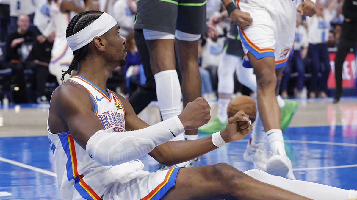 Oklahoma City Thunder guard Shai Gilgeous-Alexander (2) reacts after a play against the Minnesota Timberwolves in the fourth quarter during game one of the western conference finals for the 2025 NBA Playoffs at Paycom Center.