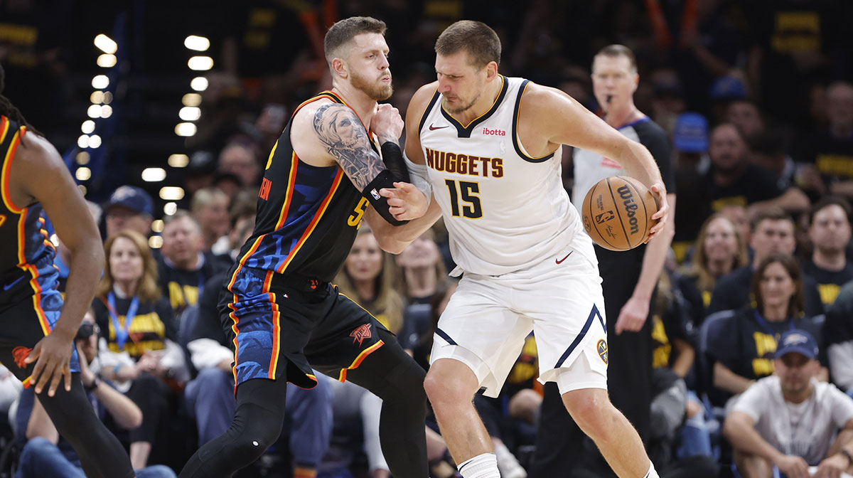 Nuggets center Nikola Jokic (15) drives against Oklahoma City Thunder center Isaiah Hartenstein (55) in the second half during game two of the second round for the 2025 NBA Playoffs at Paycom Center