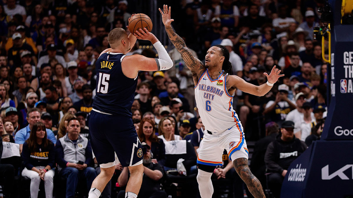 Nuggets center Nikola Jokic (15) drives against Oklahoma City Thunder center Jaylin Williams in the second half during game two of the second round for the 2025 NBA Playoffs at Paycom Center
