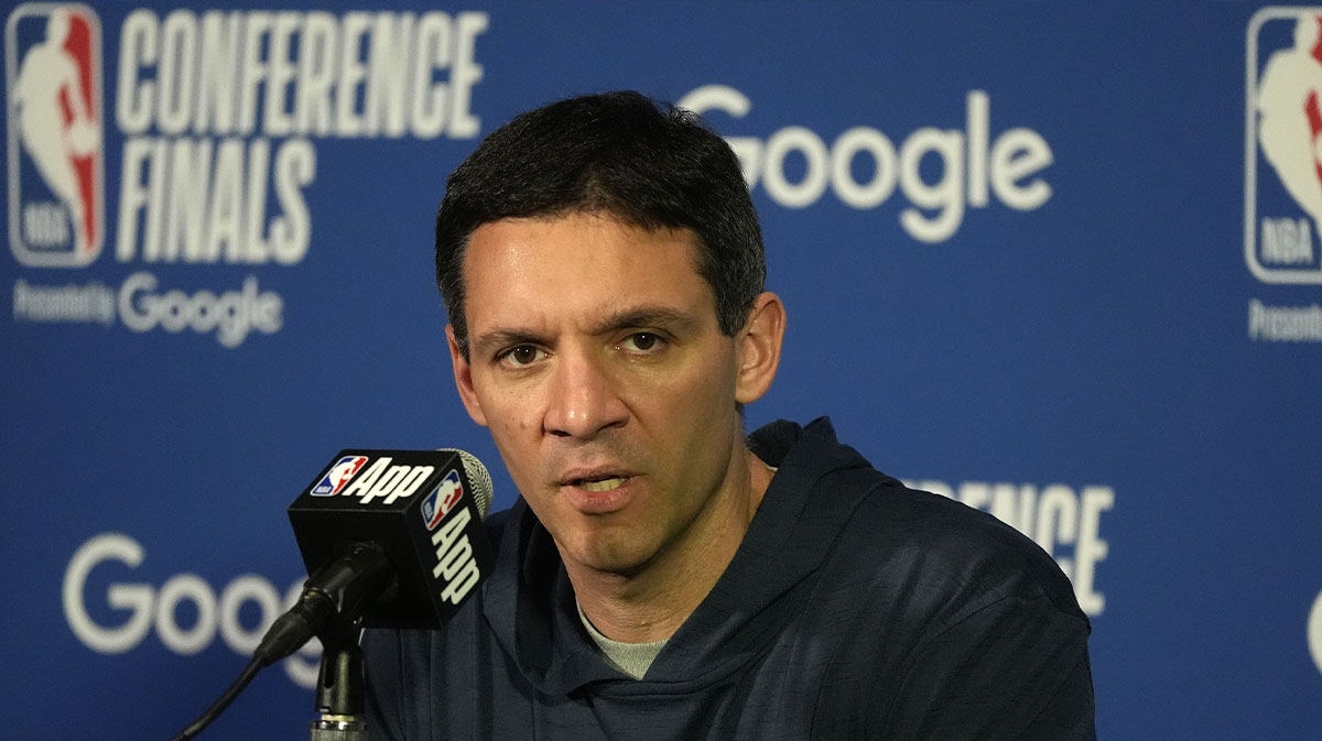 Oklahoma City Thunder head coach Mark Daigneault speaks to the media after game four of the western conference finals for the 2025 NBA Playoffs at Target Center. Mandatory Credit: Bruce Kluckhohn-Imagn Images