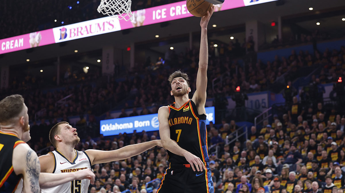 Thunder forward Chet Holmgren (7) shoots against the Denver Nuggets during the second half in game one of the second round for the 2025 NBA Playoffs at Paycom Center