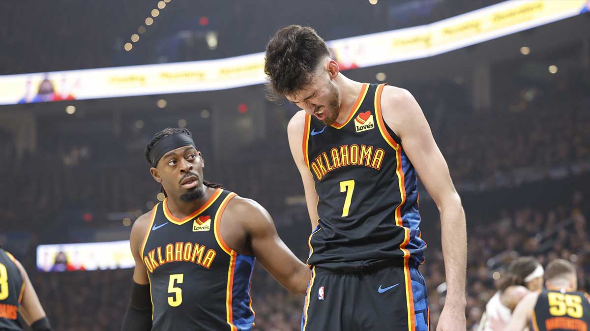 The Guard Thunder Luguentz Dort (5) checks the striker Chet Holmgren (7) after being struck during a game against the Denver Nuggets during the first quarter during the first round of the NBA 2025 qualifiers at the Paycc Center