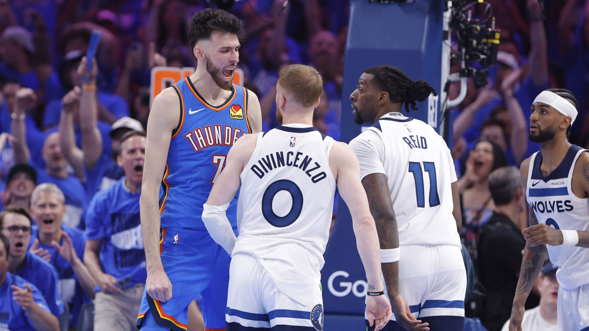 Thunder guard Shai Gilgeous-Alexander (2) and forward Chet Holmgren (7) celebrate after a play against the Minnesota Timberwolves in the third quarter during game two of the western conference finals for the 2025 NBA Playoffs at Paycom Center