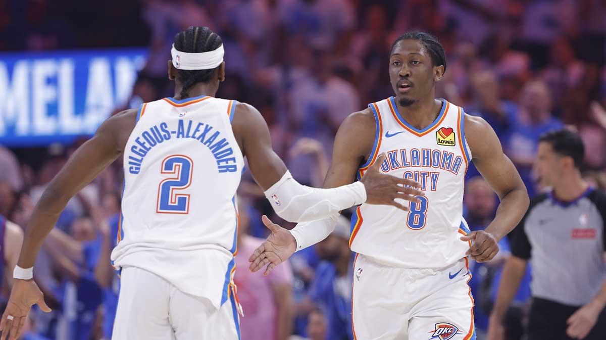 Thunder forward Jalen Williams (8) and guard Shai Gilgeous-Alexander (2) celebrate