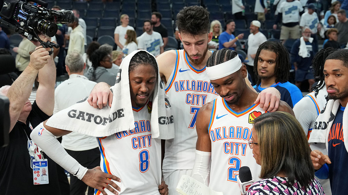 Oklahoma City Thunder forward Jalen Williams (8), forward Chet Holmgren (7) and guard Shai Gilgeous-Alexander (2) talk to the media after defeating the Minnesota Timberwolves in game four of the western conference finals for the 2025 NBA Playoffs at Target Center.