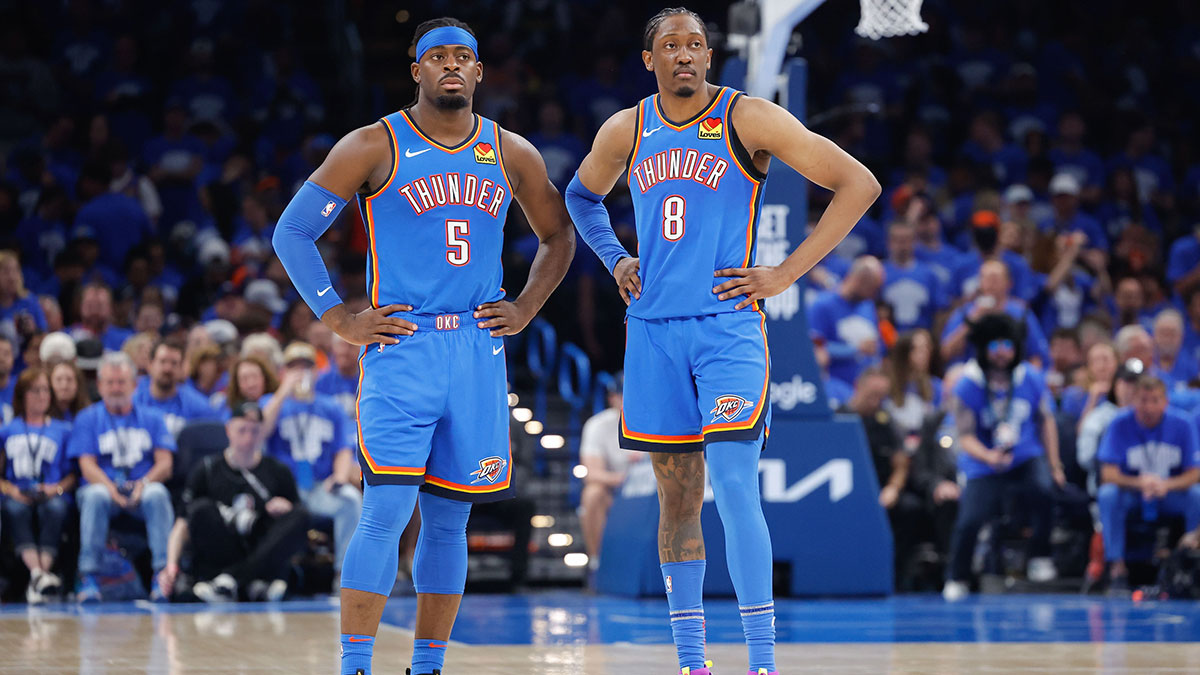 Thunder forward Jalen Williams (8) stand during free throws against the Denver Nuggets in the second half during game seven of the second round for the 2025 NBA Playoffs at Paycom Center