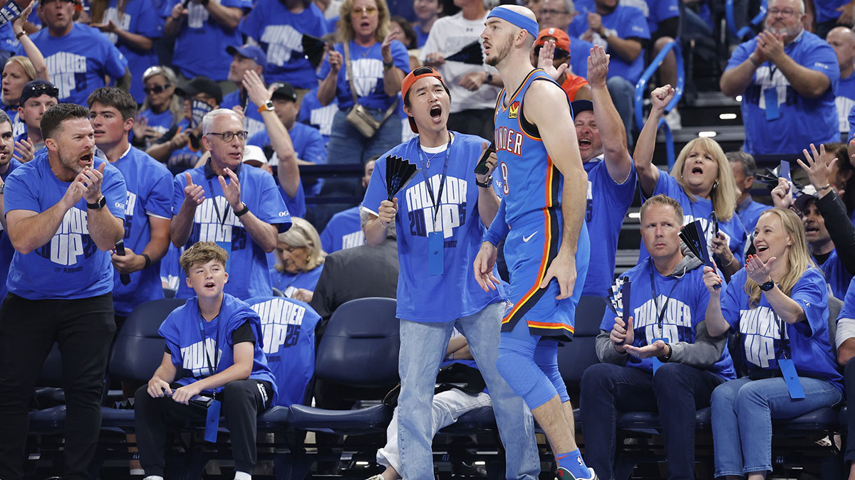 Thunder guard Alex Caruso (9) after he forced a Denve Nuggets turnover in the first quarter during game seven of the second round for the 2025 NBA Playoffs at Paycom Center