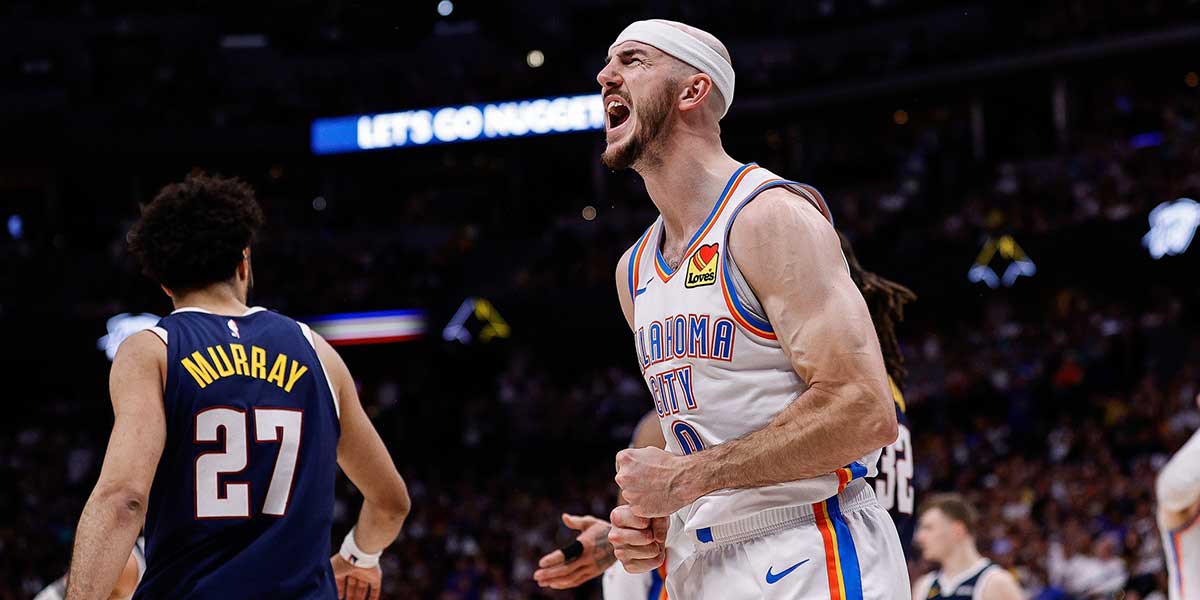 Thunder guard Alex Caruso (9) reacts after a play in the fourth quarter against the Denver Nuggets during game four of the second round of the 2025 NBA Playoffs at Ball Arena