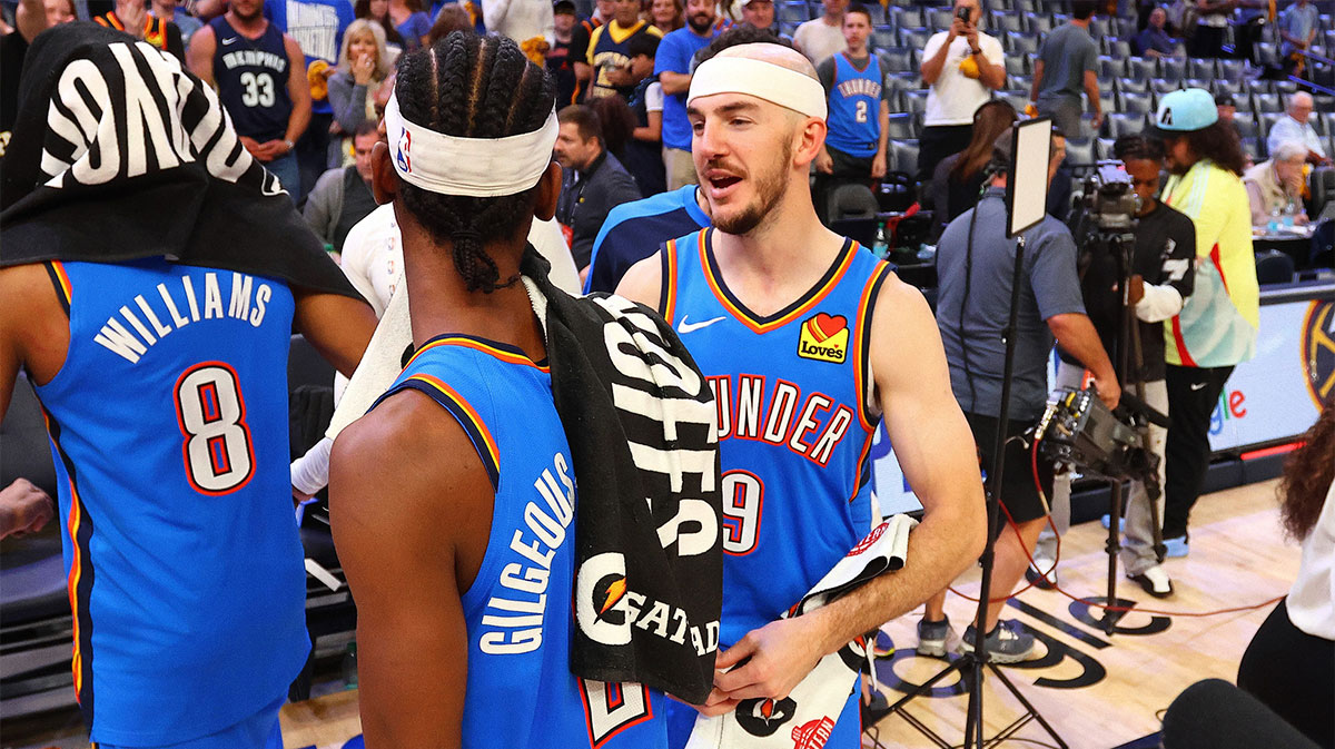 Thunder guard Alex Caruso (9) and Oklahoma City Thunder guard Shai Gilgeous-Alexander (2) react after defeating the Memphis Grizzlies in game four for the first round of the 2024 NBA Playoffs at FedExForum