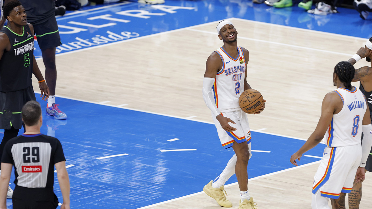 Thunder guard Shai Gilgeous-Alexander (2) reacts after being fouled