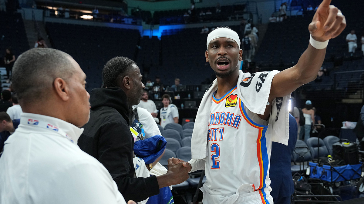 Oklahoma City Thunder guard Shai Gilgeous-Alexander (2) reacts after defeating the Minnesota Timberwolves in game four of the western conference finals for the 2025 NBA Playoffs at Target Center.