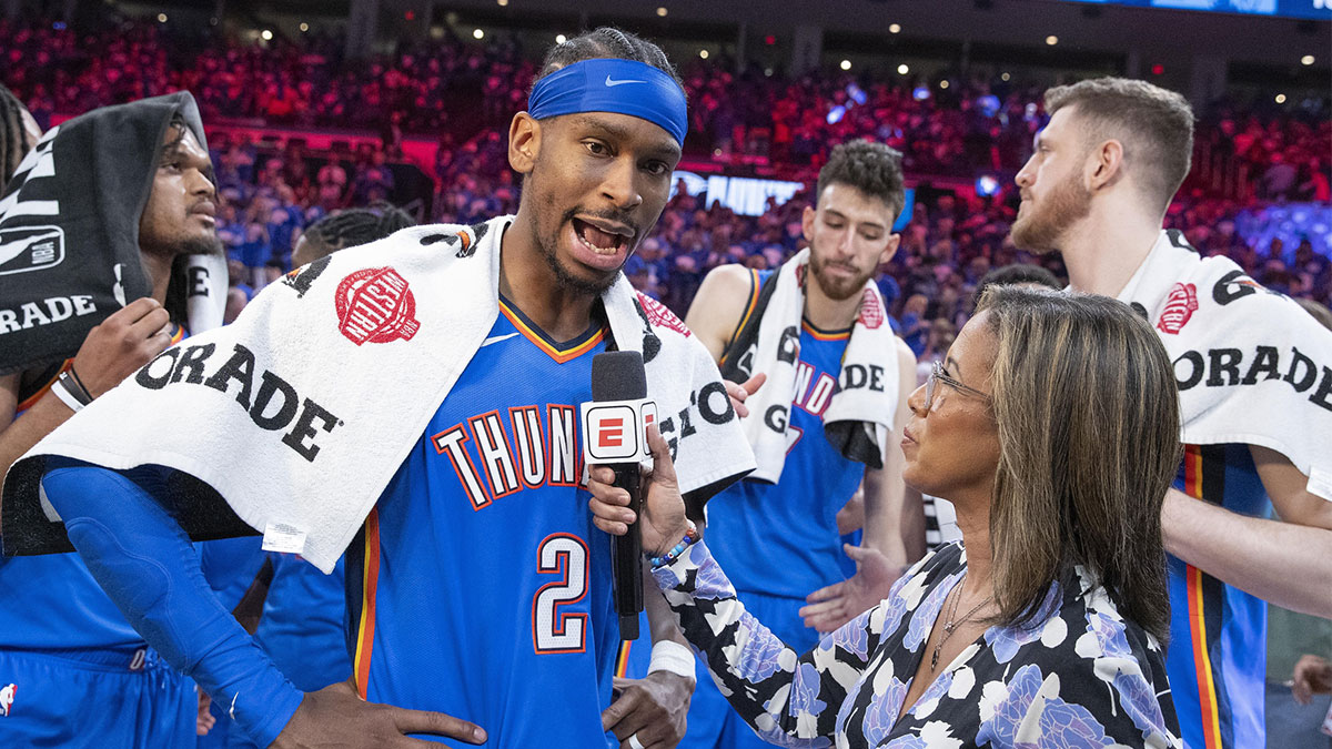Oklahoma City Thunder guard Shai Gilgeous-Alexander (2) talks to a tv reporter following his teams win against the Denver Nuggets in game seven of the second round for the 2025 NBA Playoffs at Paycom Center.