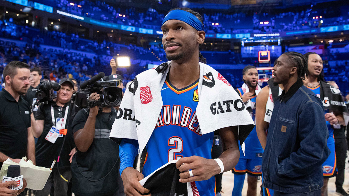Thunder guard Shai Gilgeous-Alexander (2) walks off the court after his team defeated the Denver Nuggets in game seven of the second round for the 2025 NBA Playoffs at Paycom Center