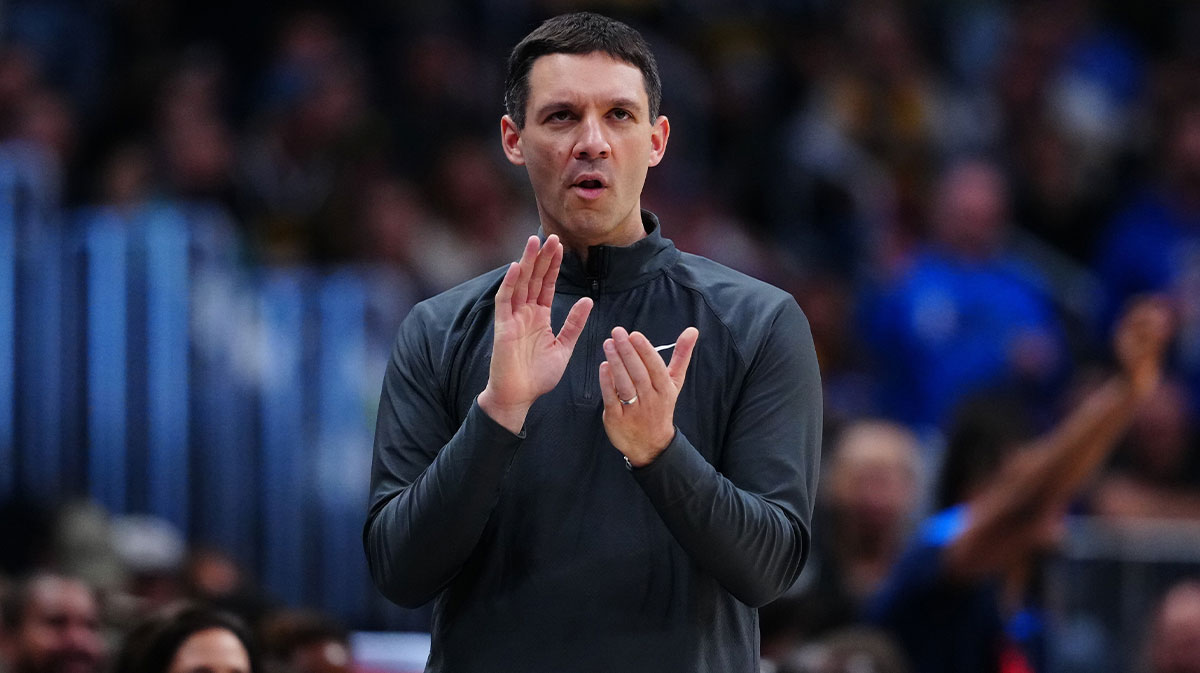 Thunder head coach Mark Daigneault claps in the first half against the Denver Nuggets during game three of the second round for the 2025 NBA Playoffs at Ball Arena