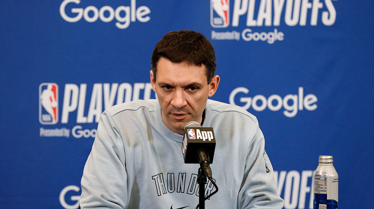 The chief coach of Thunder Mark Daignault at a press conference before the fourth match against the Denver Nuggets in the second round of the NBA 2025 qualifiers in Ball Arena