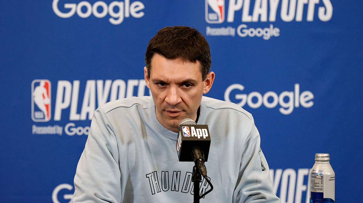 Thunder head coach Mark Daigneault during a press conference before game four against the Denver Nuggets in the second round of the 2025 NBA Playoffs at Ball Arena