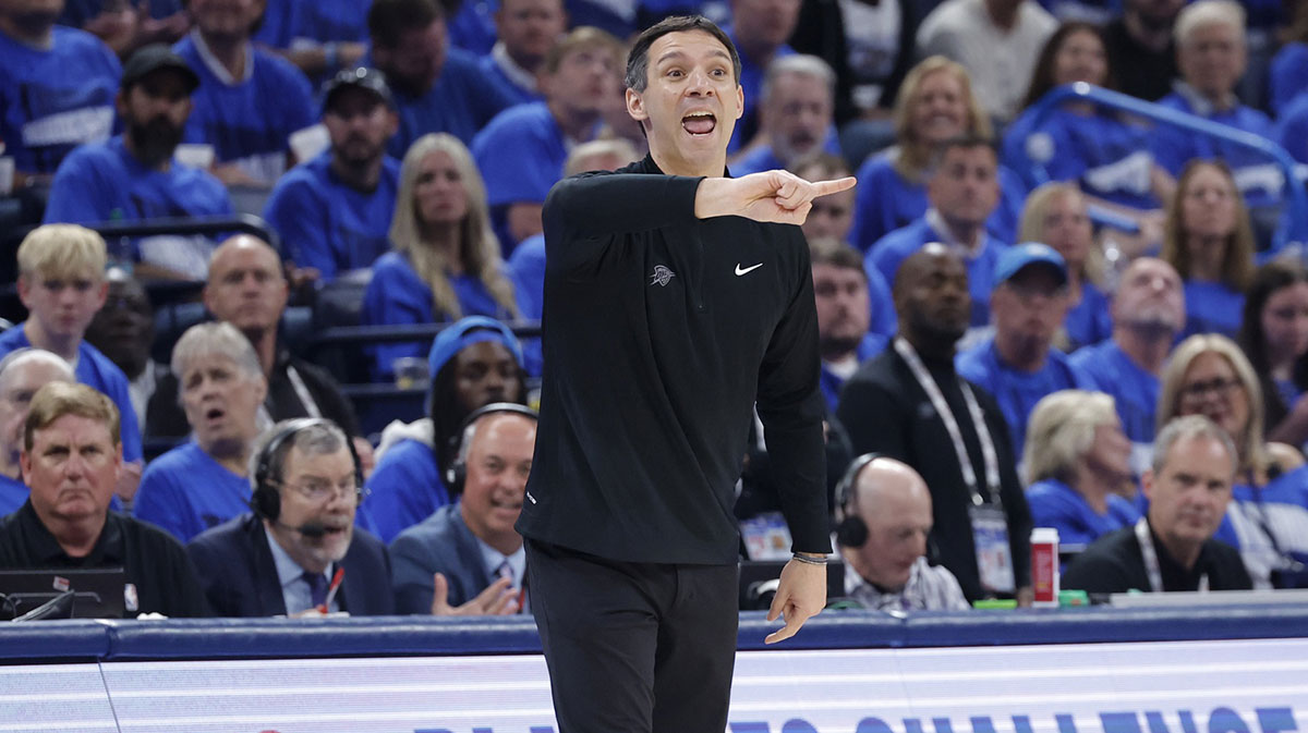 Thunder head coach Mark Daigneault in the first quarter against the Minnesota Timberwolves during game two of the western conference finals for the 2025 NBA Playoffs at Paycom Center