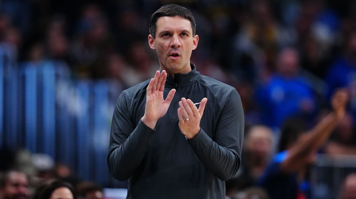 Thunder head coach Mark Daigneault claps in the first half against the Denver Nuggets during game three of the second round for the 2025 NBA Playoffs at Ball Arena