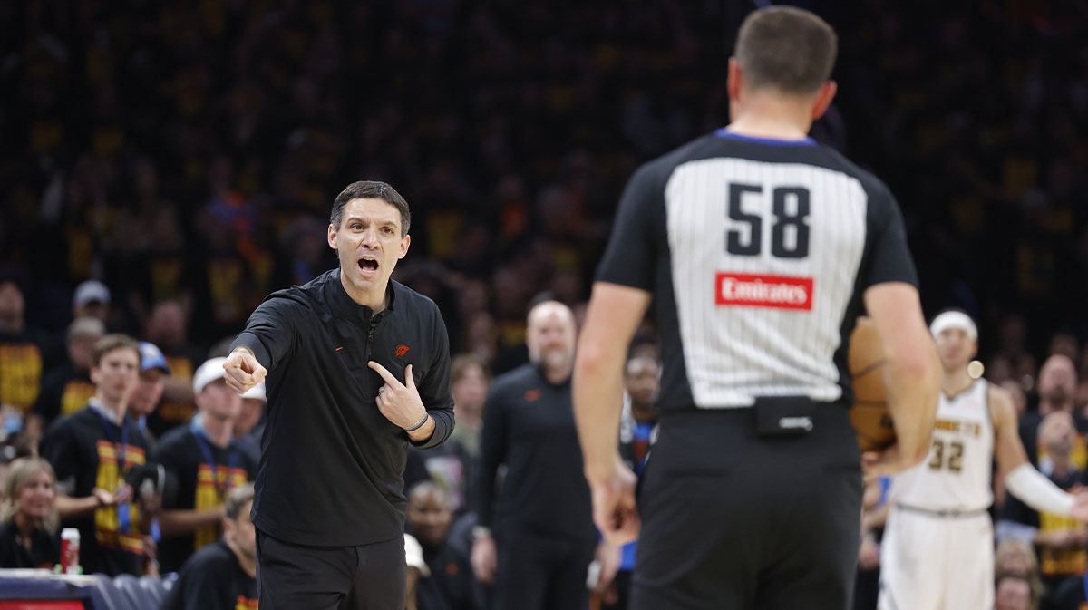 Thunder's head coach, Mark Deigneuult, made gestures to an official during a game against the Denver Nuggets in the second half in the first match of the second round for the NBA 2025 qualifiers at the Paycc Center