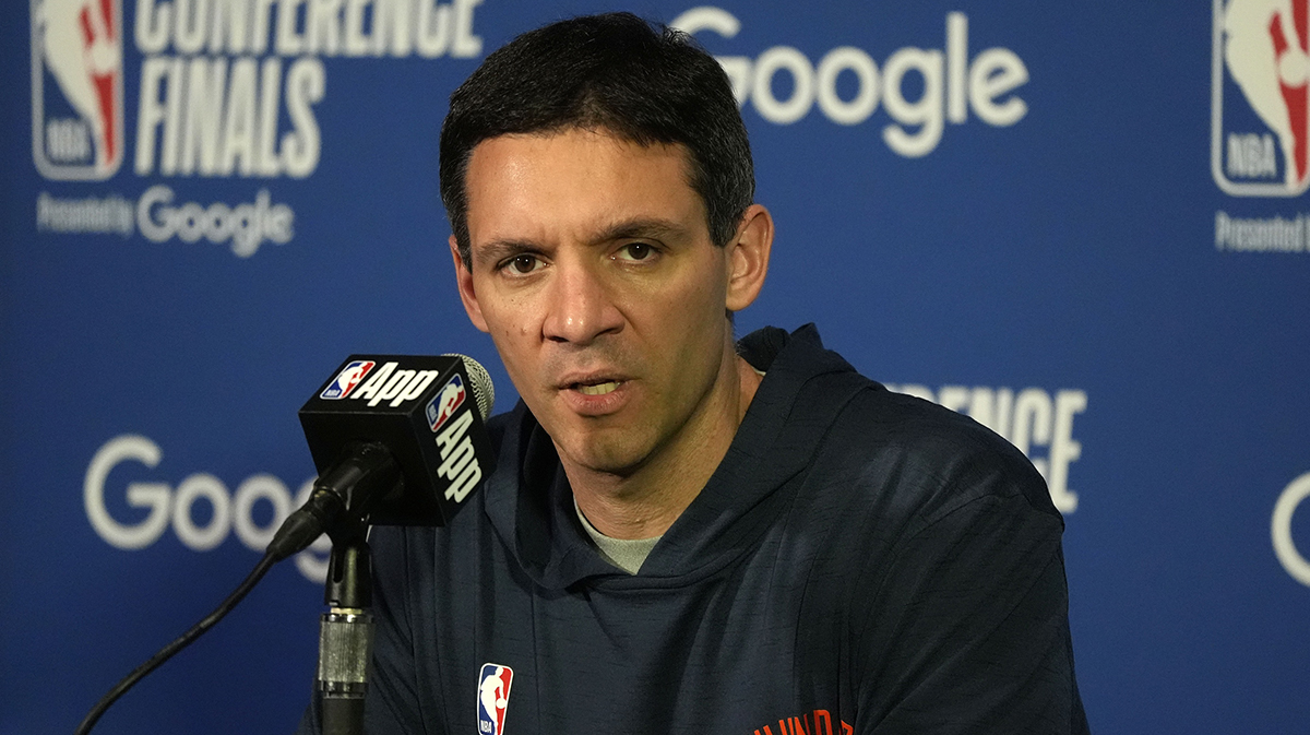 Thunder head coach Mark Daigneault speaks to the media after game four of the western conference finals for the 2025 NBA Playoffs at Target Center