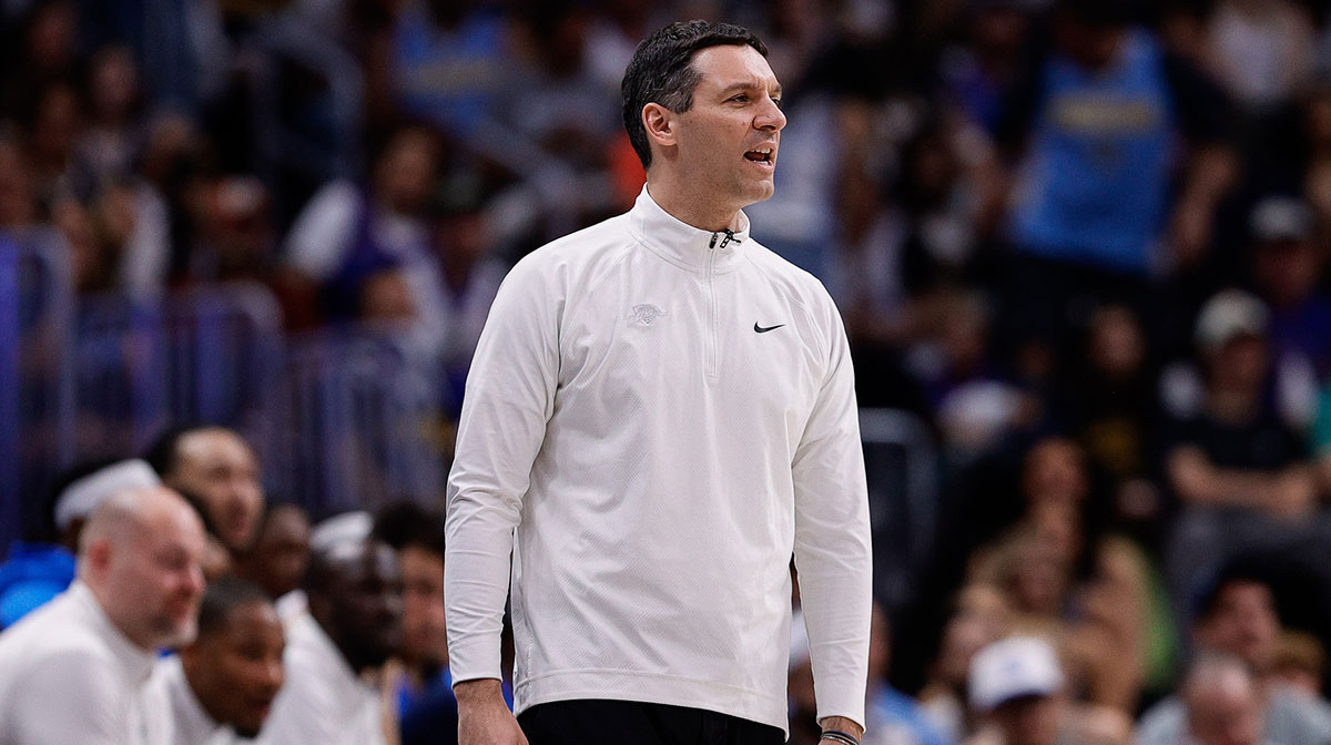 Thunder head coach Mark Daigneault in the second quarter against the Denver Nuggets during game four of the second round of the 2025 NBA Playoffs at Ball Arena