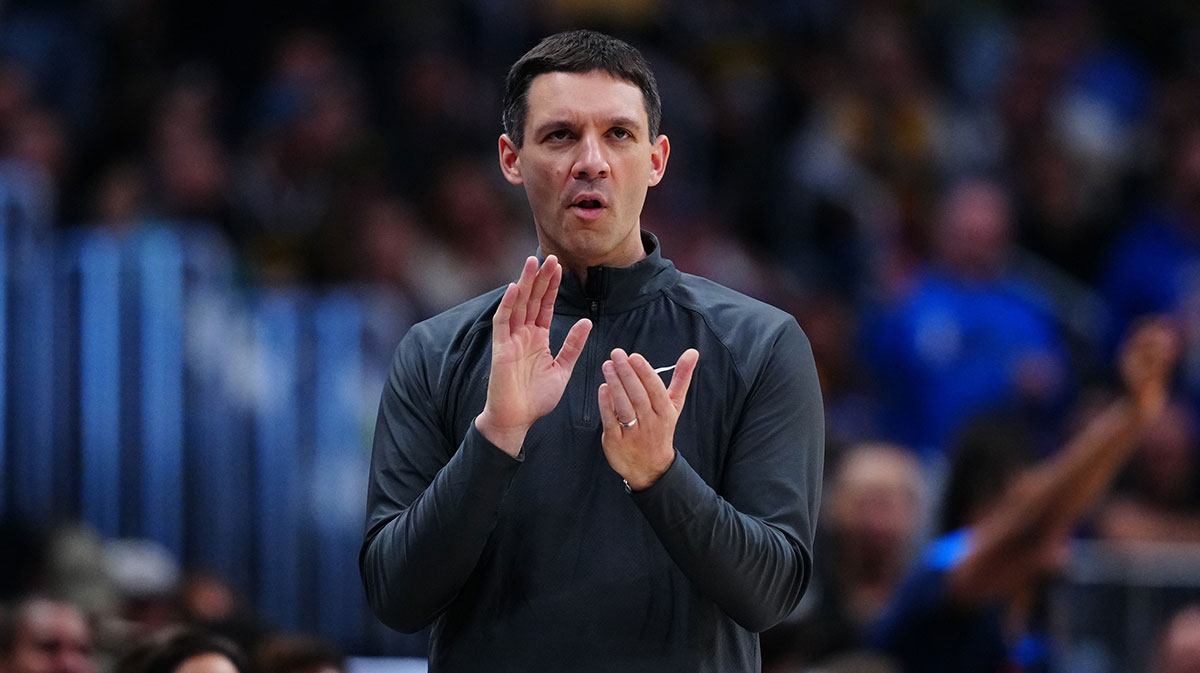 Thunder head coach Mark Daigneault claps in the first half against the Denver Nuggets during game three of the second round for the 2025 NBA Playoffs at Ball Arena