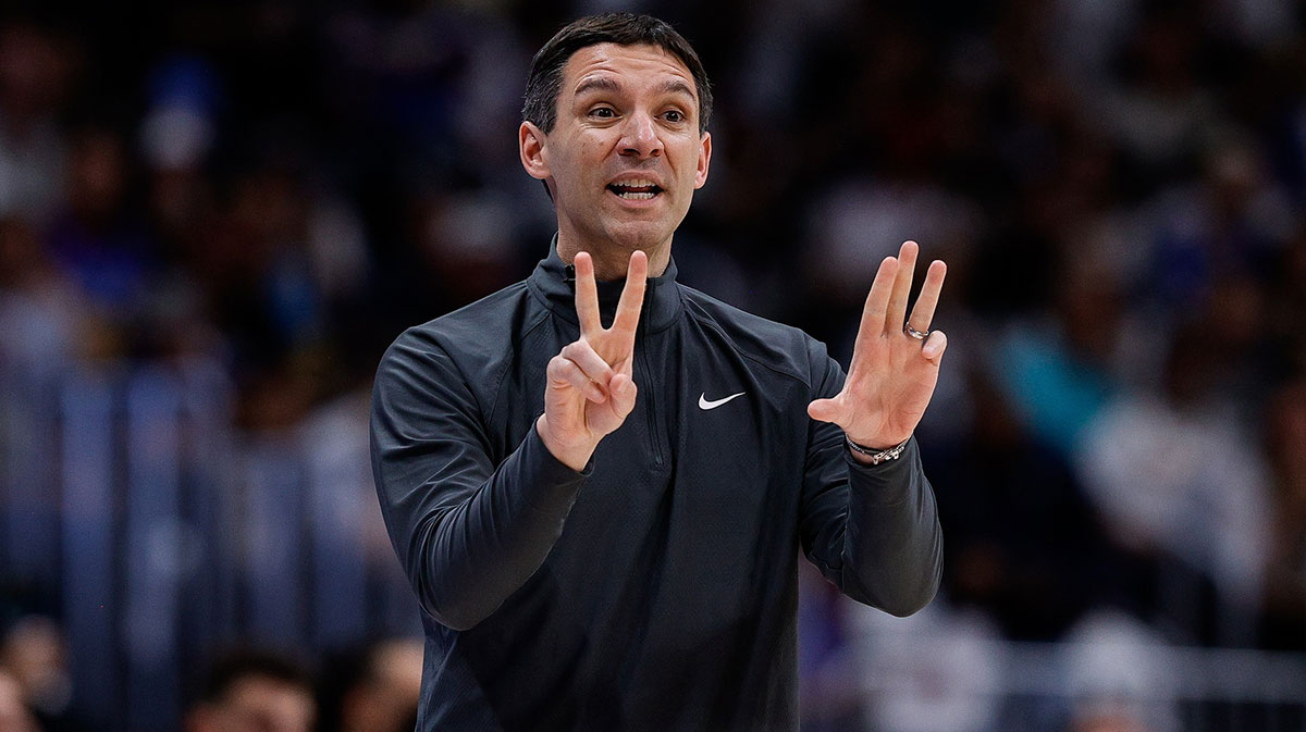 Thunder head coach Mark Daigneault gestures in the third quarter against the Denver Nuggets during game six of the second round for the 2025 NBA Playoffs at Ball Arena