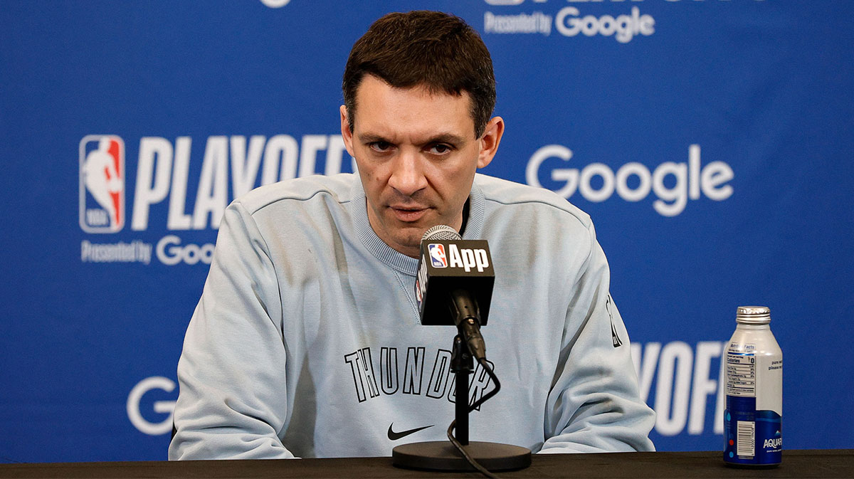 Thunder head coach Mark Daigneault during a press conference before game four against the Denver Nuggets in the second round of the 2025 NBA Playoffs at Ball Arena