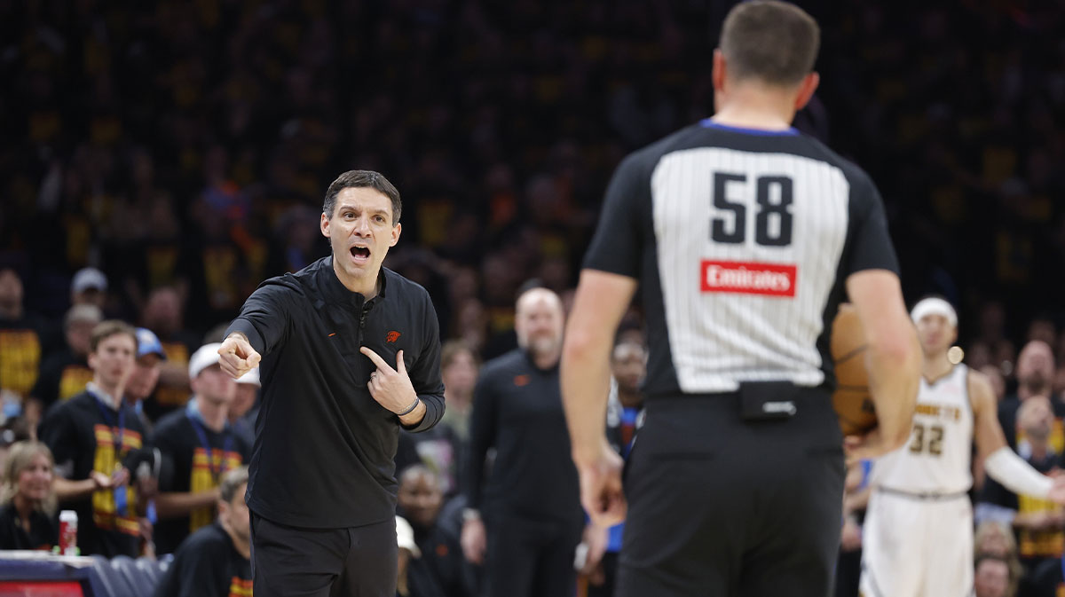 Thunder head coach Mark Daigneault gestures to an official after a play against the Denver Nuggets during the second half in game one of the second round for the 2025 NBA Playoffs at Paycom Center