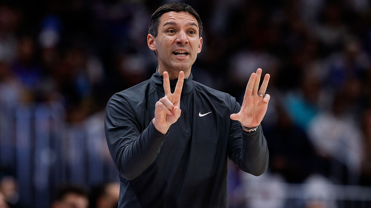 Thunder head coach Mark Daigneault gestures in the third quarter against the Denver Nuggets during game six of the second round for the 2025 NBA Playoffs at Ball Arena
