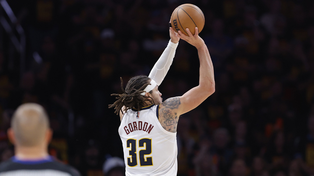 Denver Nuggets forward Aaron Gordon (32) shoots a three point basket to win game one of the second round against the Oklahoma City Thunder during the 2025 NBA Playoffs at Paycom Center.