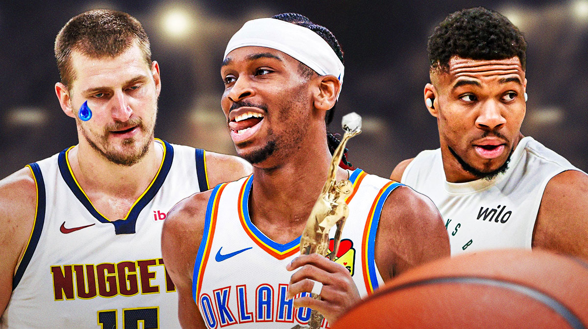 Thunder's Shai Gilgeous-Alexander with MVP award next to Nikola Jokic and Giannis Antetokounmpo