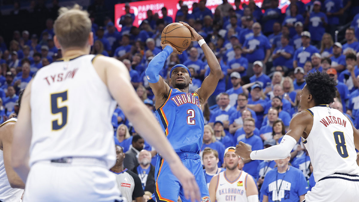 Oklahoma City Thunder guard Shai Gilgeous-Alexander (2) shoots against the Denver Nuggets in the second half during game seven of the second round for the 2025 NBA Playoffs at Paycom Center.