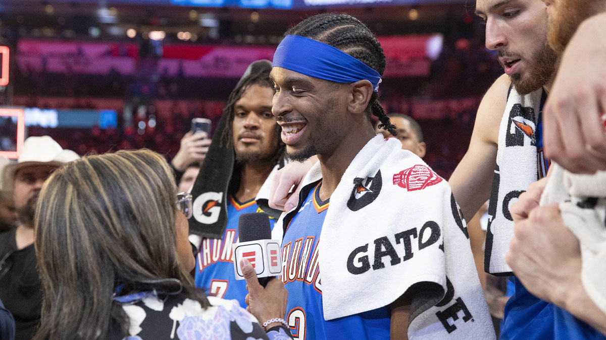Oklahoma City Thunder guard Shai Gilgeous-Alexander (2) talks to a tv reporter following his teams win against the Denver Nuggets in game seven of the second round for the 2025 NBA Playoffs at Paycom Center.