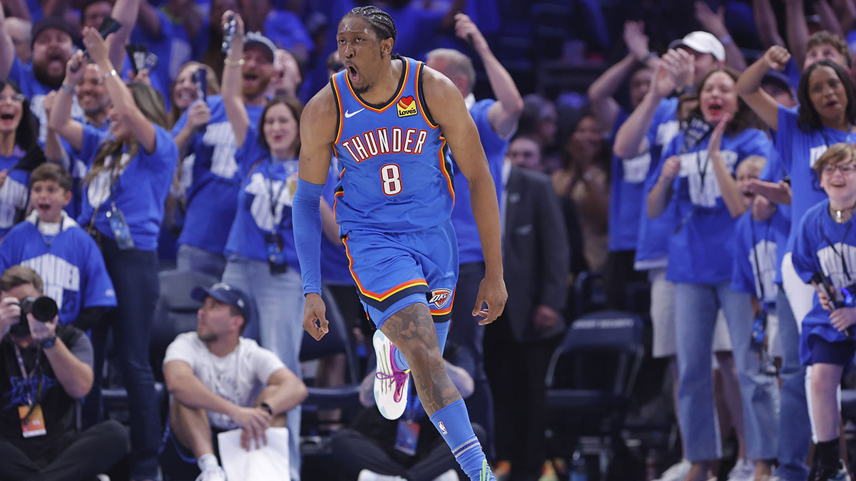 Oklahoma City Thunder forward Jalen Williams (8) celebrates after scoring against the Denver Nuggets in the second quarter during game seven of the second round for the 2025 NBA Playoffs at Paycom Center.
