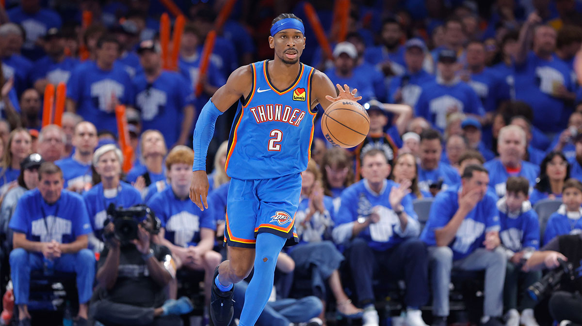 Oklahoma City Thunder guard Shai Gilgeous-Alexander (2) dribbles the ball down the court against the Denver Nuggets in the second half during game seven of the second round for the 2025 NBA Playoffs at Paycom Center.