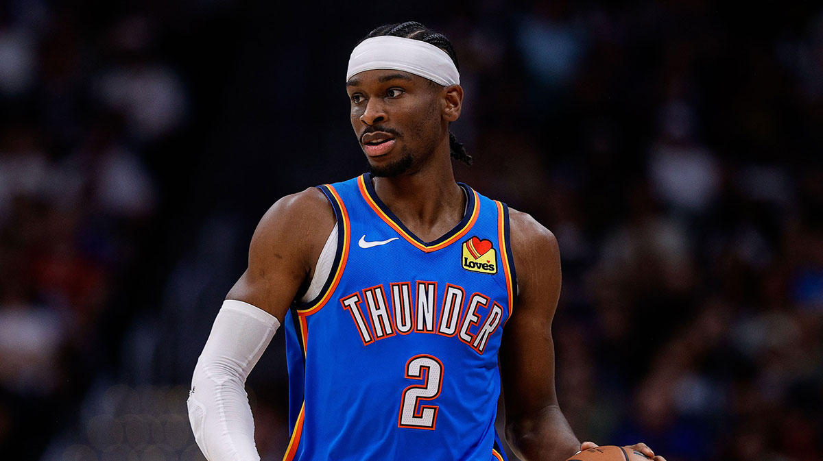 Oklahoma City Thunder guard Shai Gilgeous-Alexander (2) dribbles the ball up court in the second quarter against the Denver Nuggets during game six of the second round for the 2025 NBA Playoffs at Ball Arena.